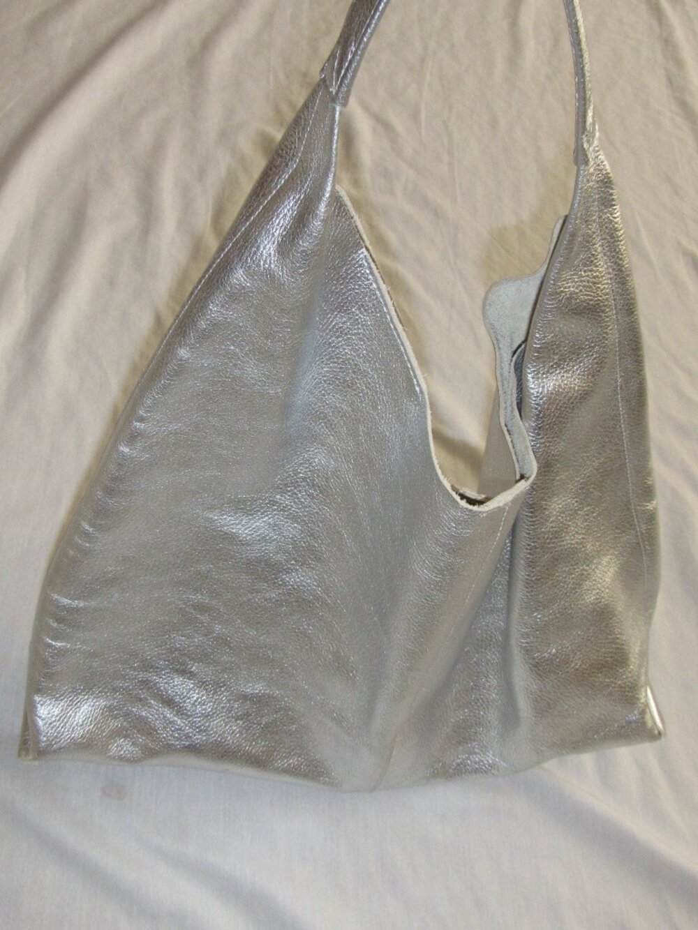 Marcella NYC Kelly Tote All Leather Pebbled Disco Pebble Silver Slouchy Purse - Picture 6 of 8